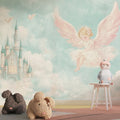 Fairy Castle Wallpaper creating magic in a cozy nursery with soft pink accents and white furniture