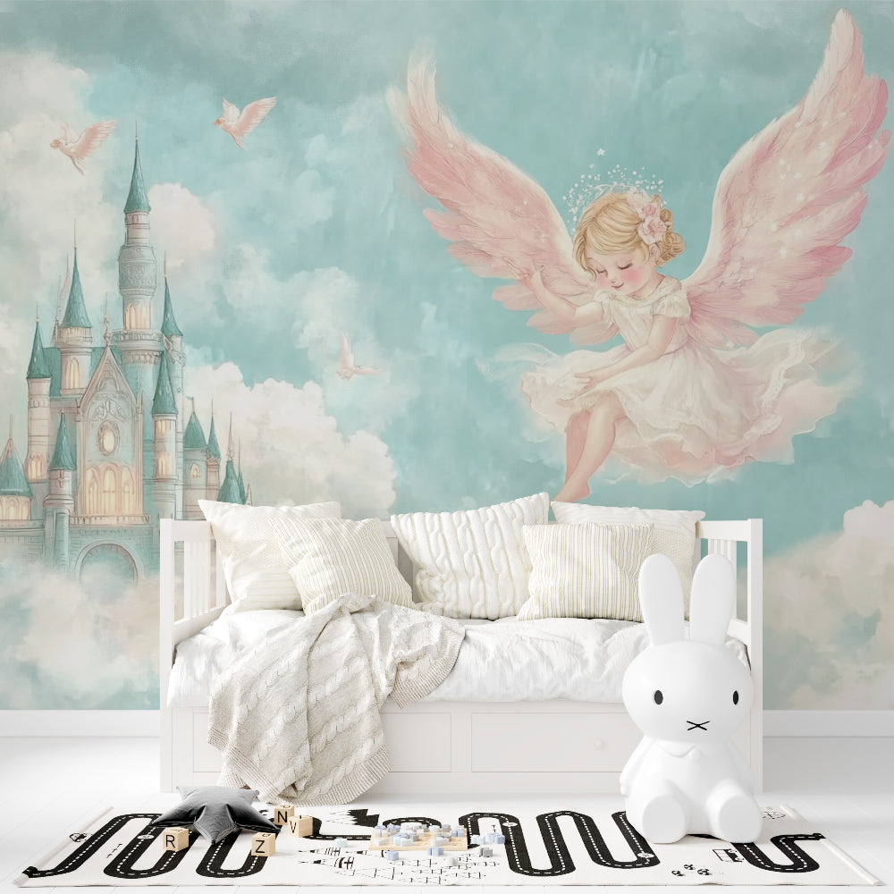 Princess Castle Mural brightening a little girl's bedroom with matching pink curtains