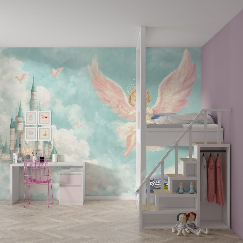 Fairy Castle Mural setting a magical mood in a playroom with white furniture