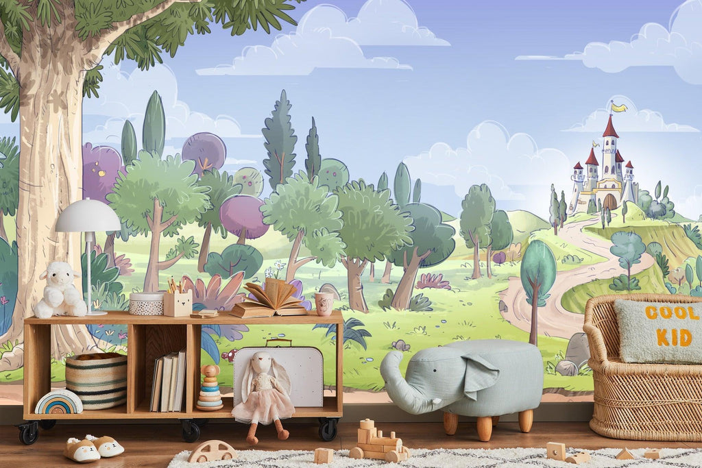Magical Castle wallpaper mural bringing fairy tale charm to a cozy nursery with soft evening lighting