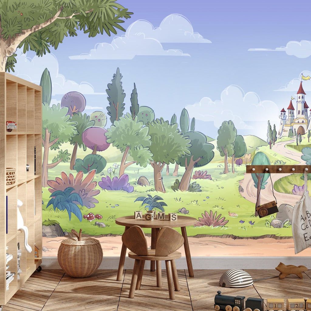 Princess Castle mural wallpaper creating an enchanting atmosphere in a little girl's reading nook