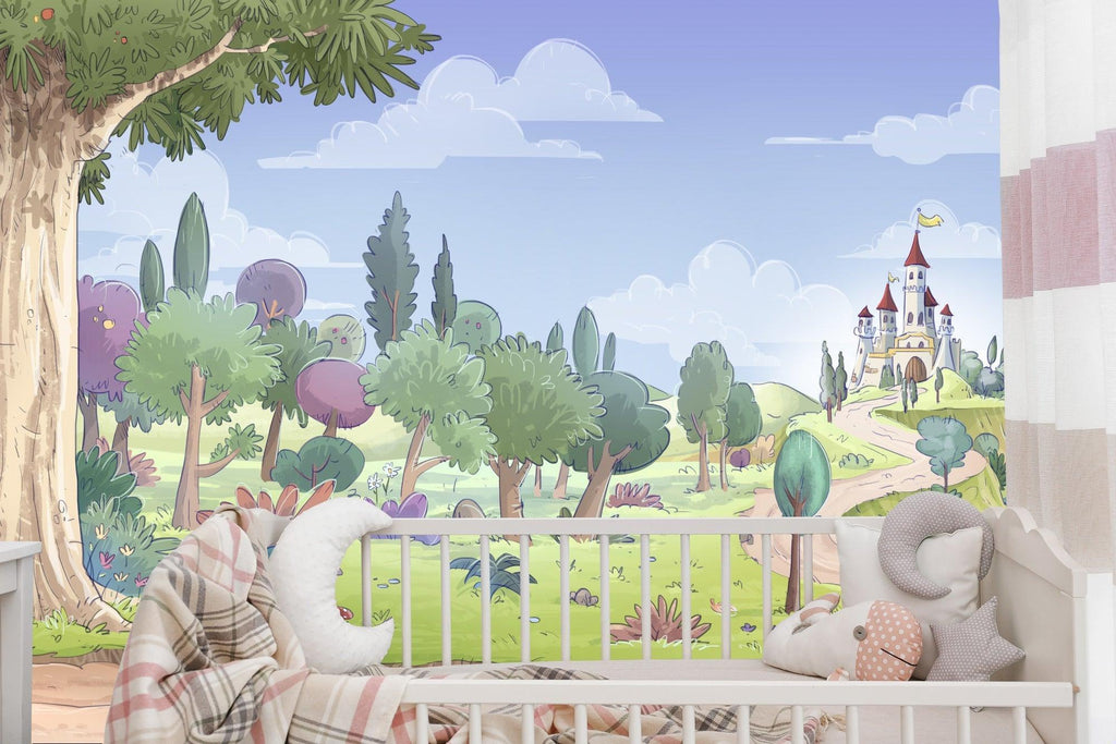 Fairy tale Castle wallpaper transforming a playroom into a magical story setting