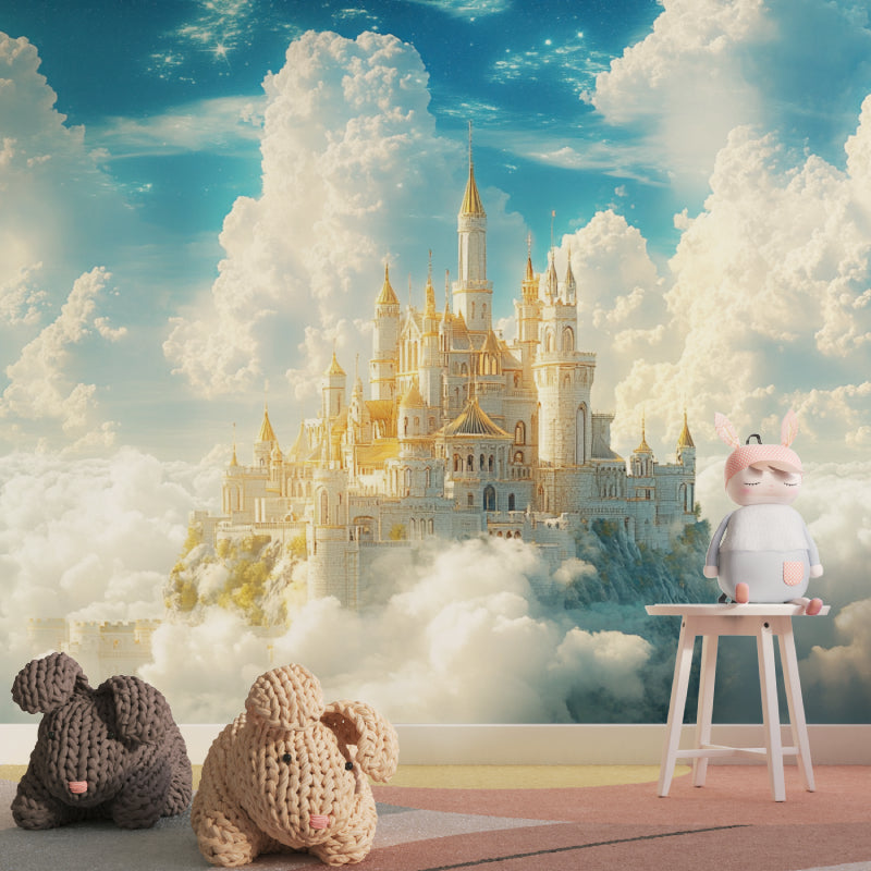 Fantasy Castle Wallpaper transforms a modern kids bedroom with golden palace floating in clouds