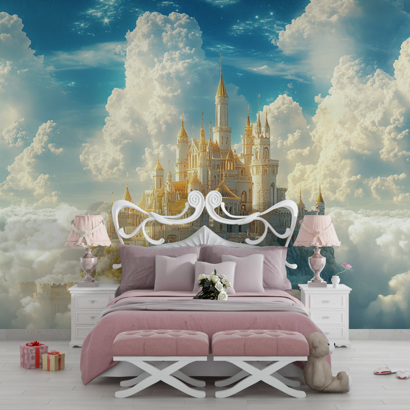 Enchanted Castle Mural creates magic in a princess-themed playroom with soft lighting