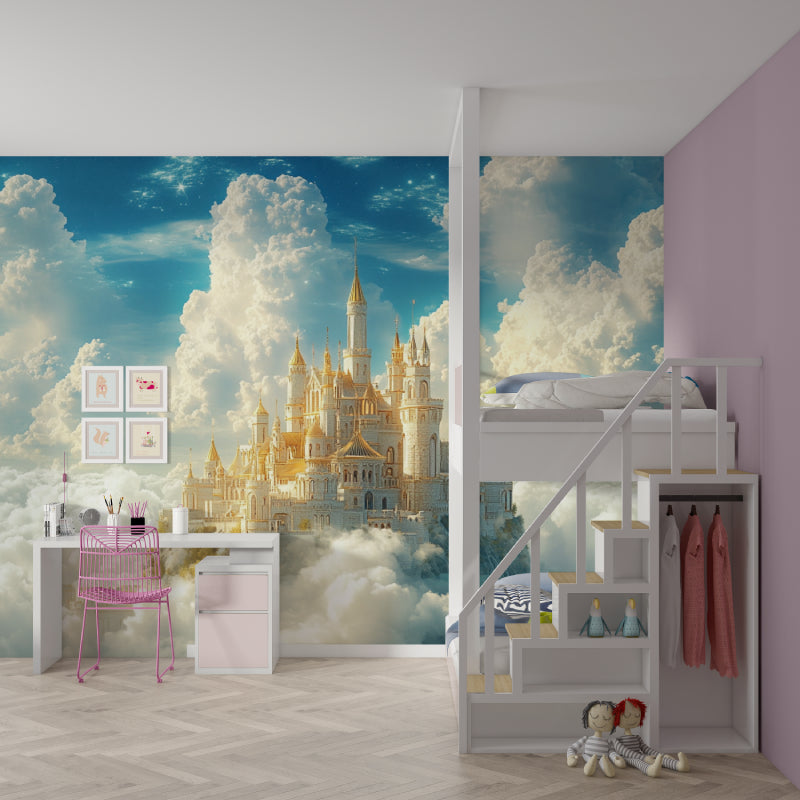 Golden Palace Wallpaper adds wonder to a nursery with floating castle design