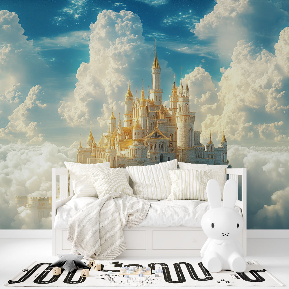 Castle Mural brings fairytale charm to a reading nook with cloud kingdom scene