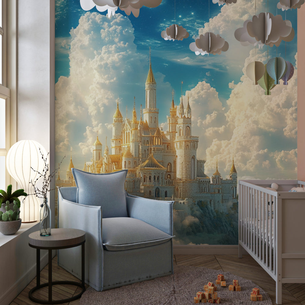 Princess Castle Wallpaper creates magic in a girl's bedroom with golden details
