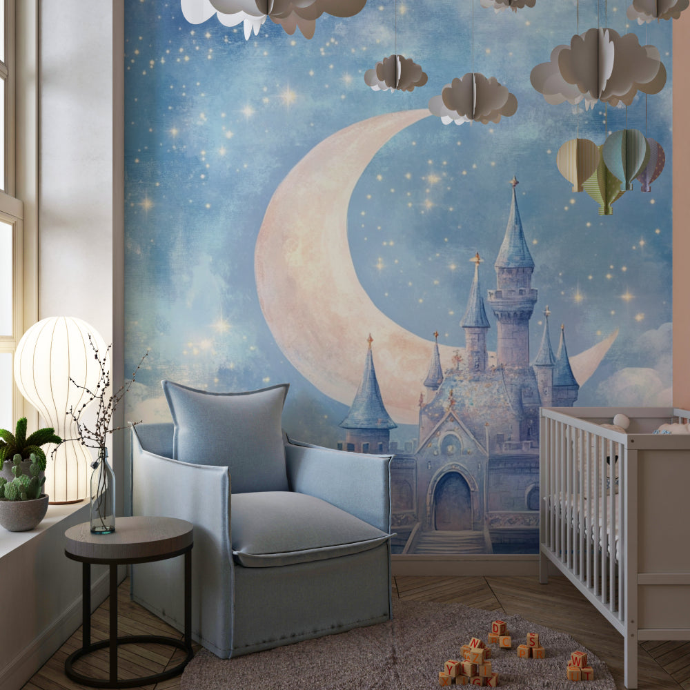 Castle Wall Mural transforming a child's bedroom into an enchanted nighttime retreat