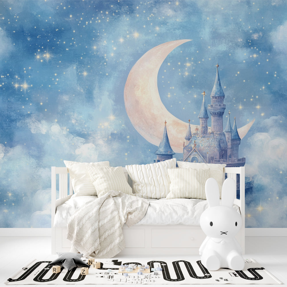 Fantasy Castle Wallpaper bringing magic to a reading nook with moonlit glow