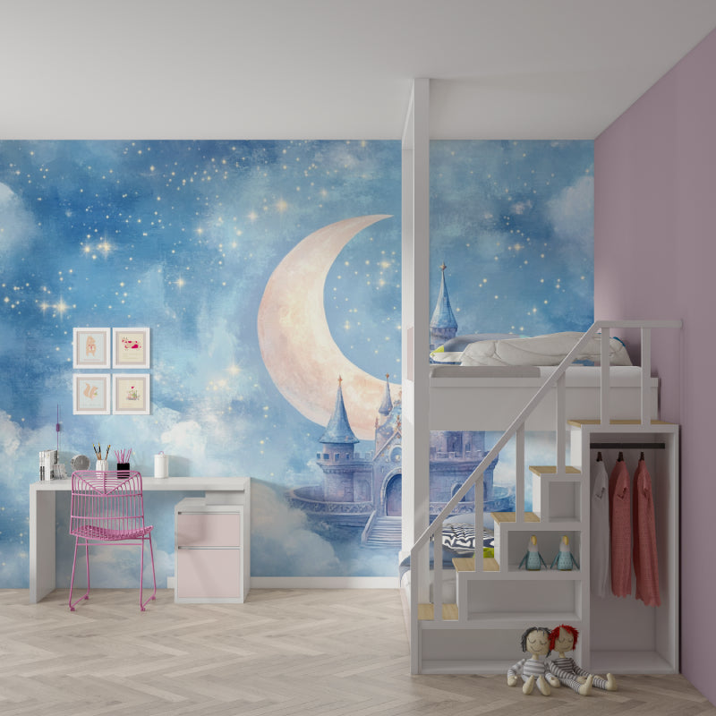 Night Sky Castle Mural creating depth in a playroom with starry details