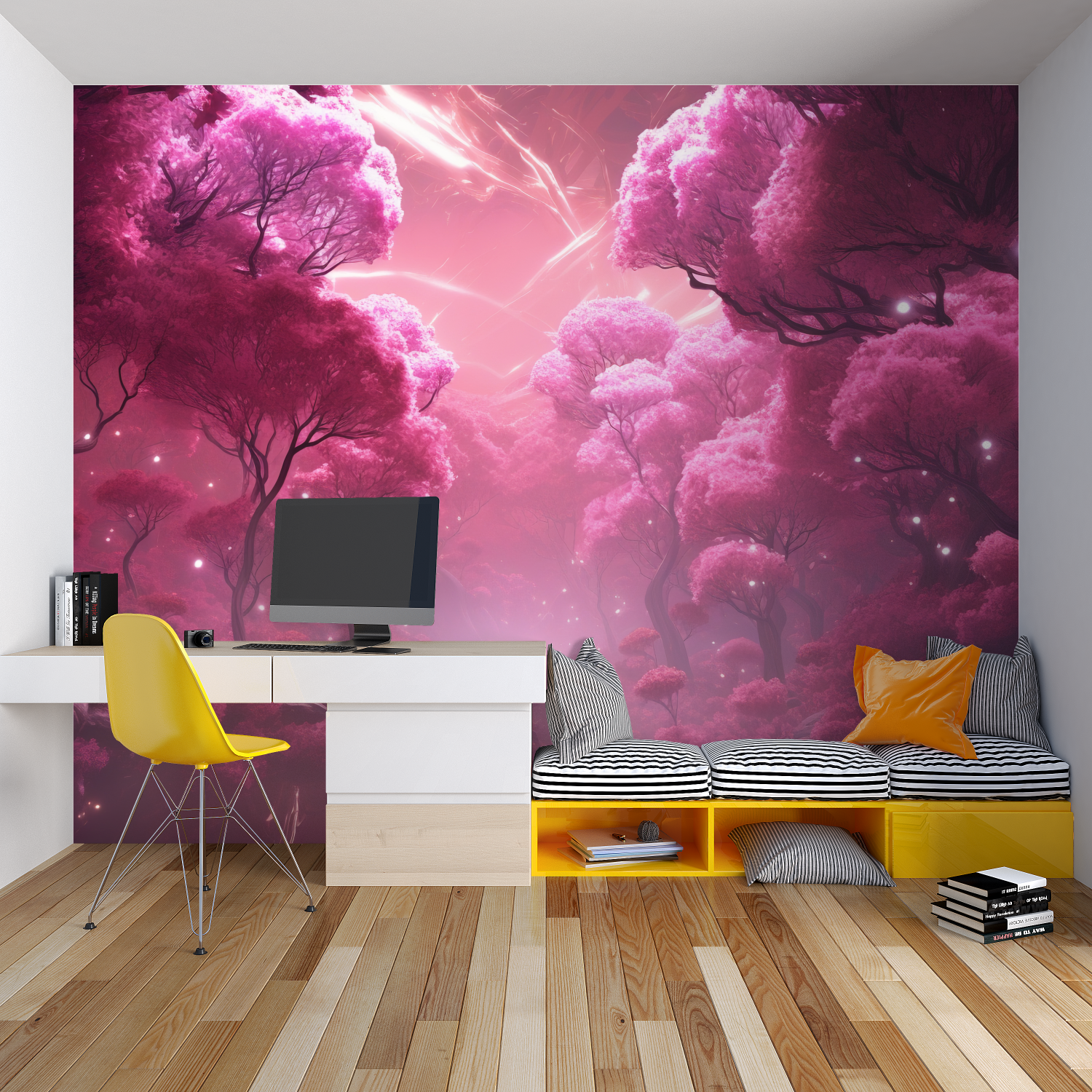 Enchanted forest wallpaper transforming a modern bedroom with dreamy pink tones