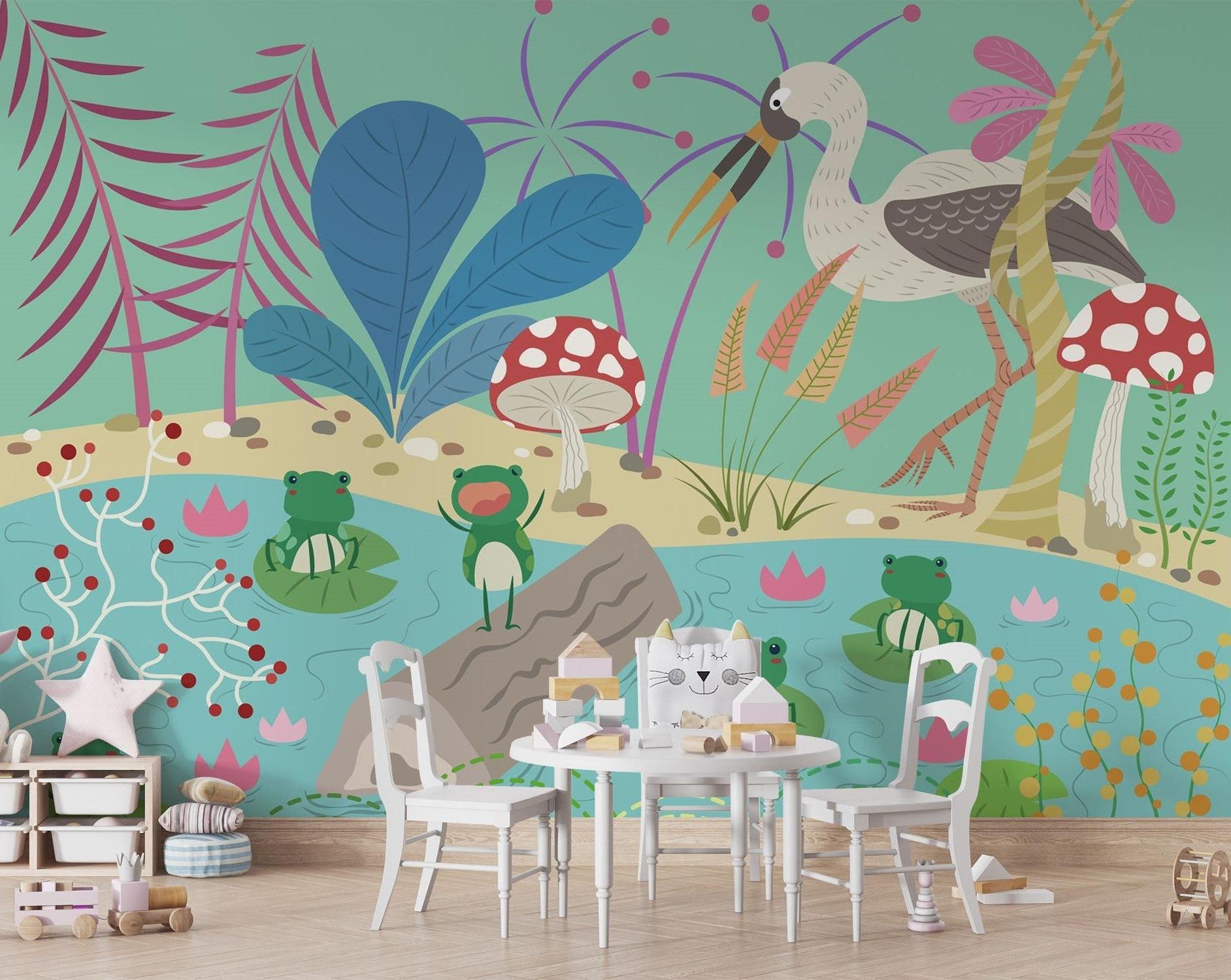 Kids room with fantasy pond mural wallpaper featuring playful frogs on lily pads