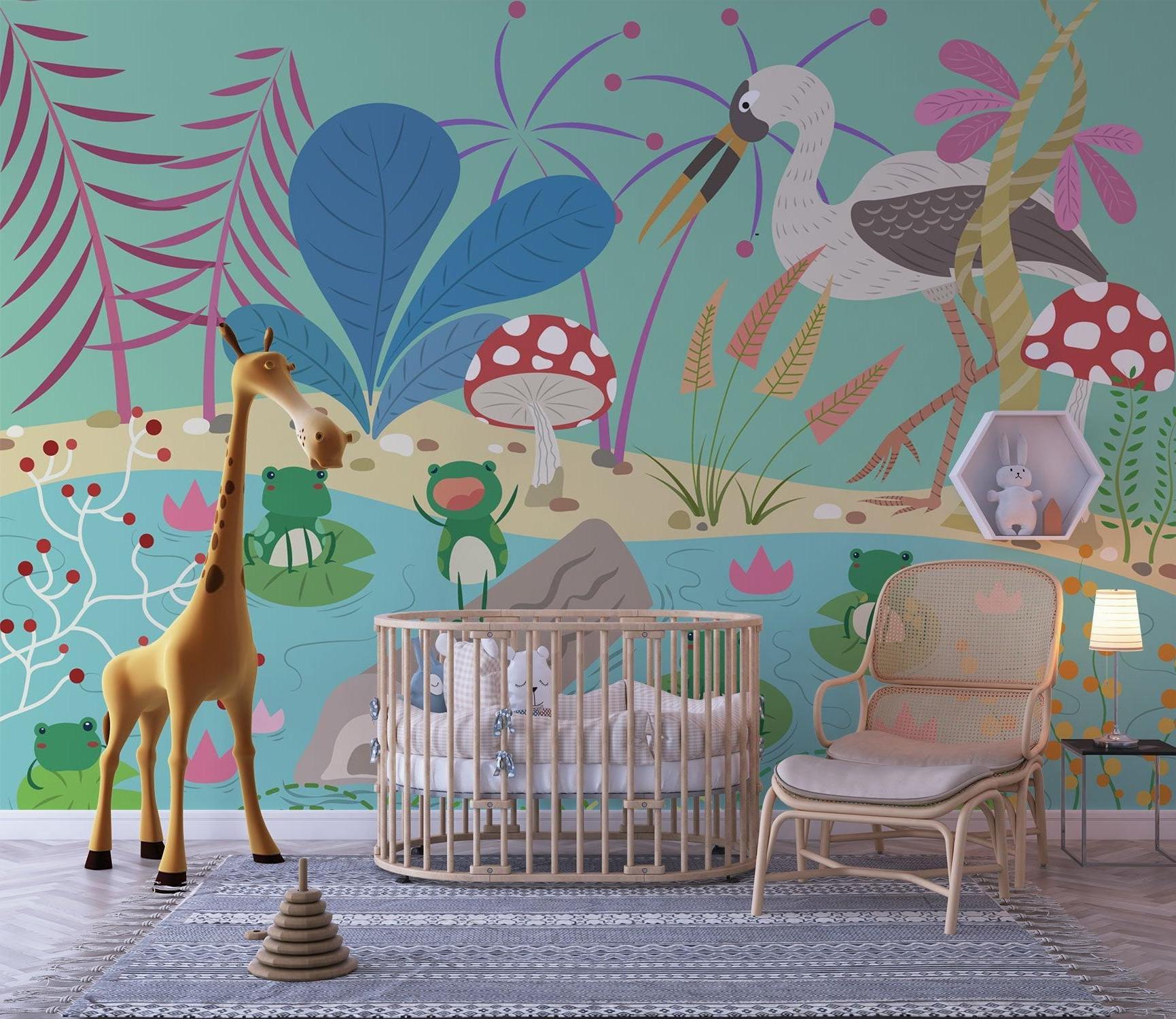 Whimsical nursery setup with frog and bird wallpaper creating a storybook feel