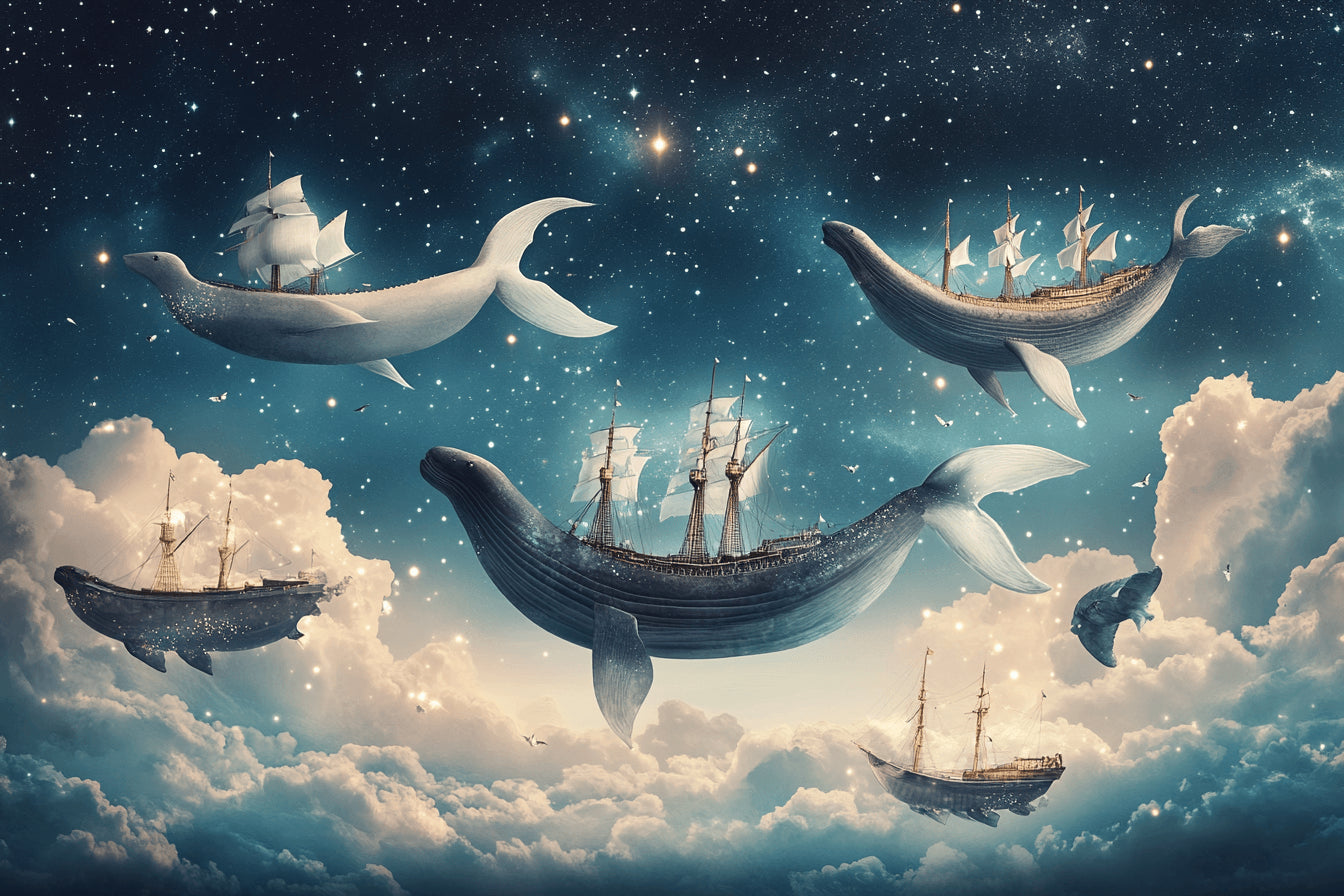 Design file showing detailed fantasy marine pattern with whales and ships under starry sky