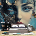 Butterfly Portrait Wallpaper creating drama in modern living room, blue and turquoise tones complement contemporary furniture