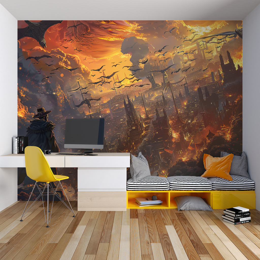 Dark fantasy mural displayed in teen bedroom with dramatic lighting effects