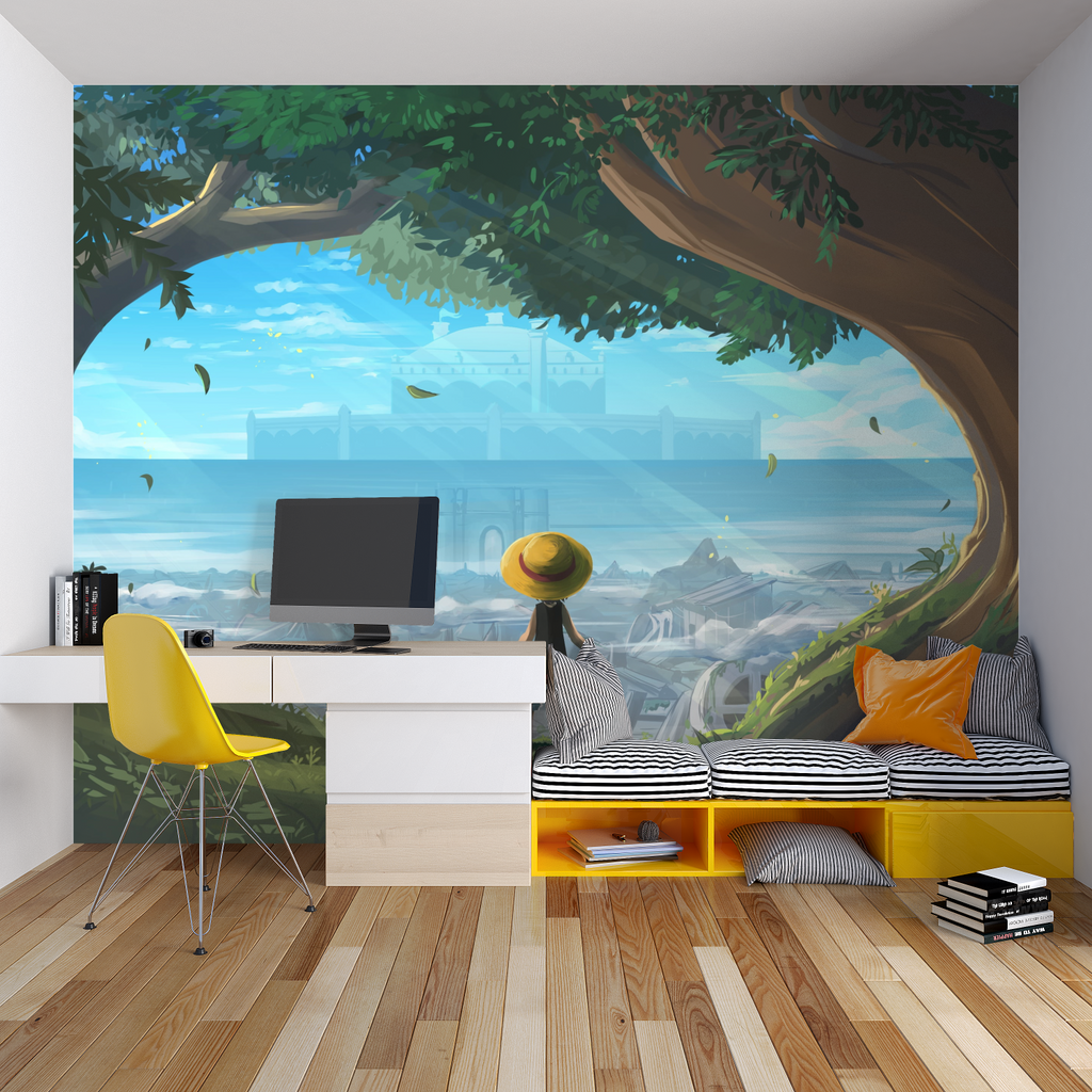 Fantasy Castle Wallpaper creating depth in modern living room, framed by natural window light