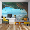 Fantasy Castle Wallpaper creating depth in modern living room, framed by natural window light