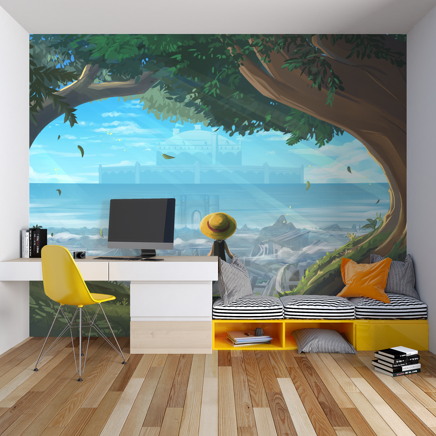 Fantasy Castle Wallpaper creating depth in modern living room, framed by natural window light