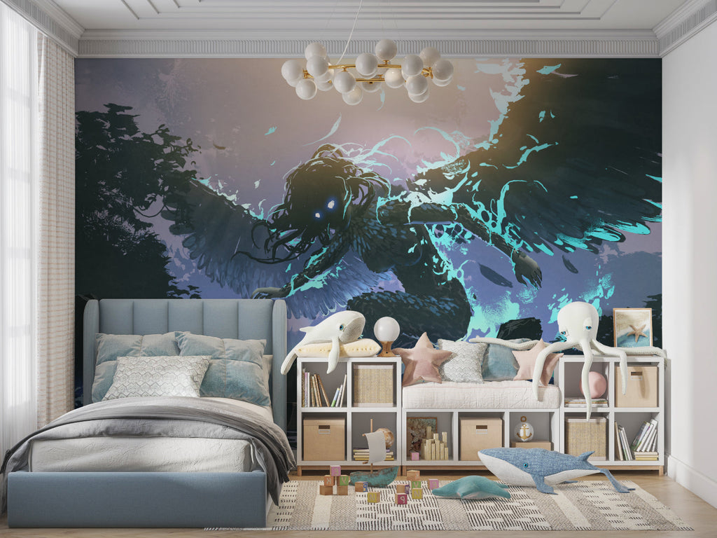 Abstract angel wallpaper transforming a gaming room with ethereal energy