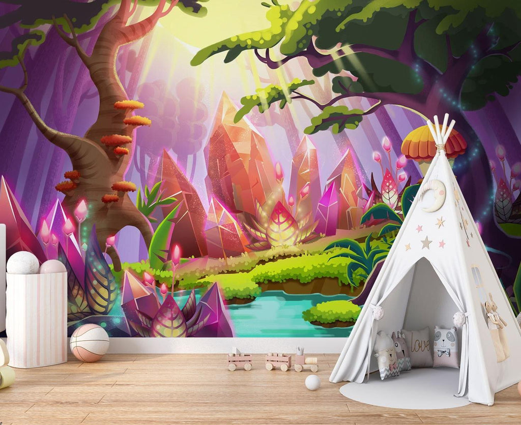 Enchanted crystal forest mural in a modern playroom with glowing purple accents