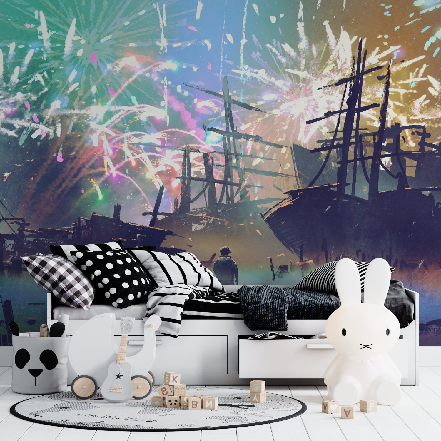 Magical fireworks wallpaper bringing color to a child's reading nook