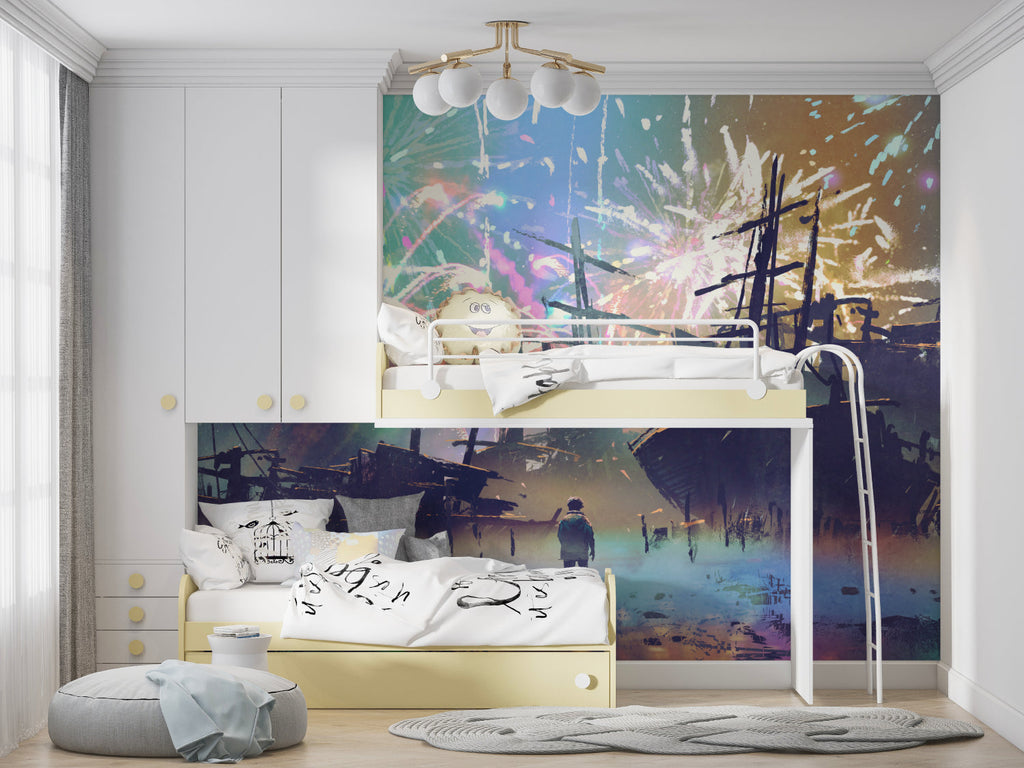 Fantasy adventure mural with ships displayed in a nursery with soft lighting