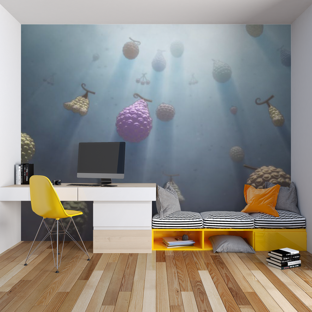 Fantasy fruit wall mural bringing life to a modern home office space