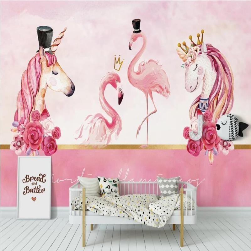 Princess fantasy wallpaper mural in pink tones, showcased in a bright girl's bedroom with white furniture