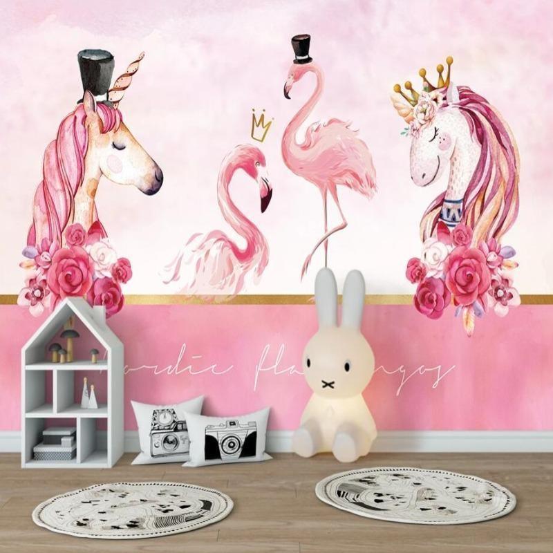 Unicorn wallpaper displayed in a playroom setting with dress-up corner and reading nook