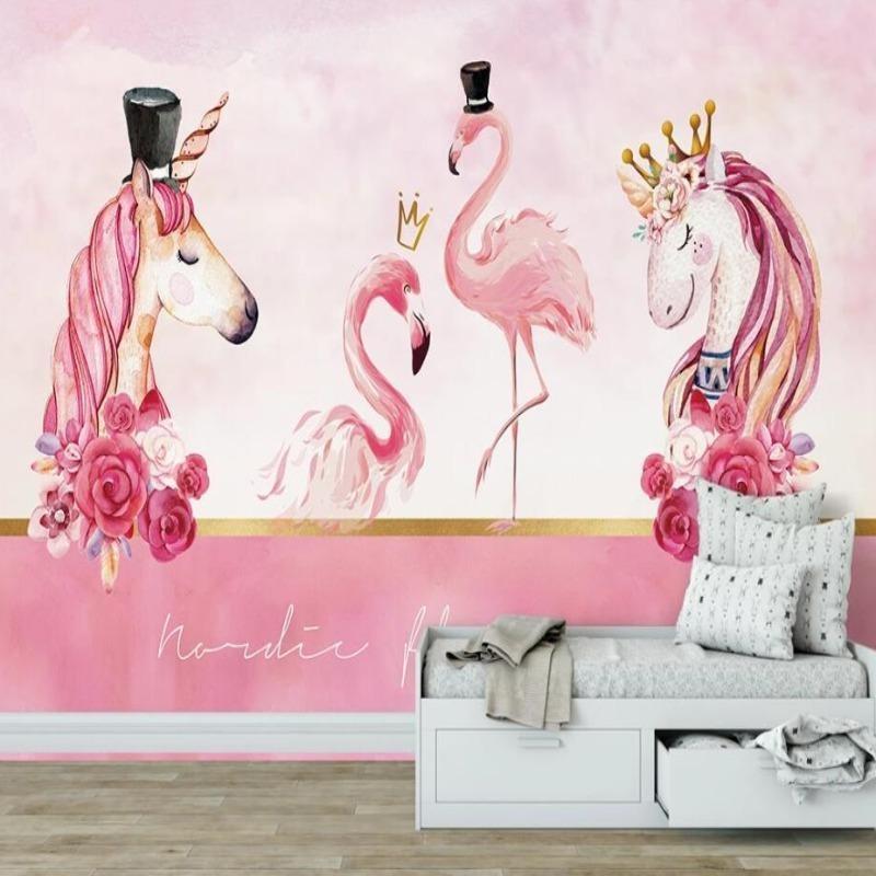 Princess themed wall mural bringing magic to a nursery with pink and gold accents