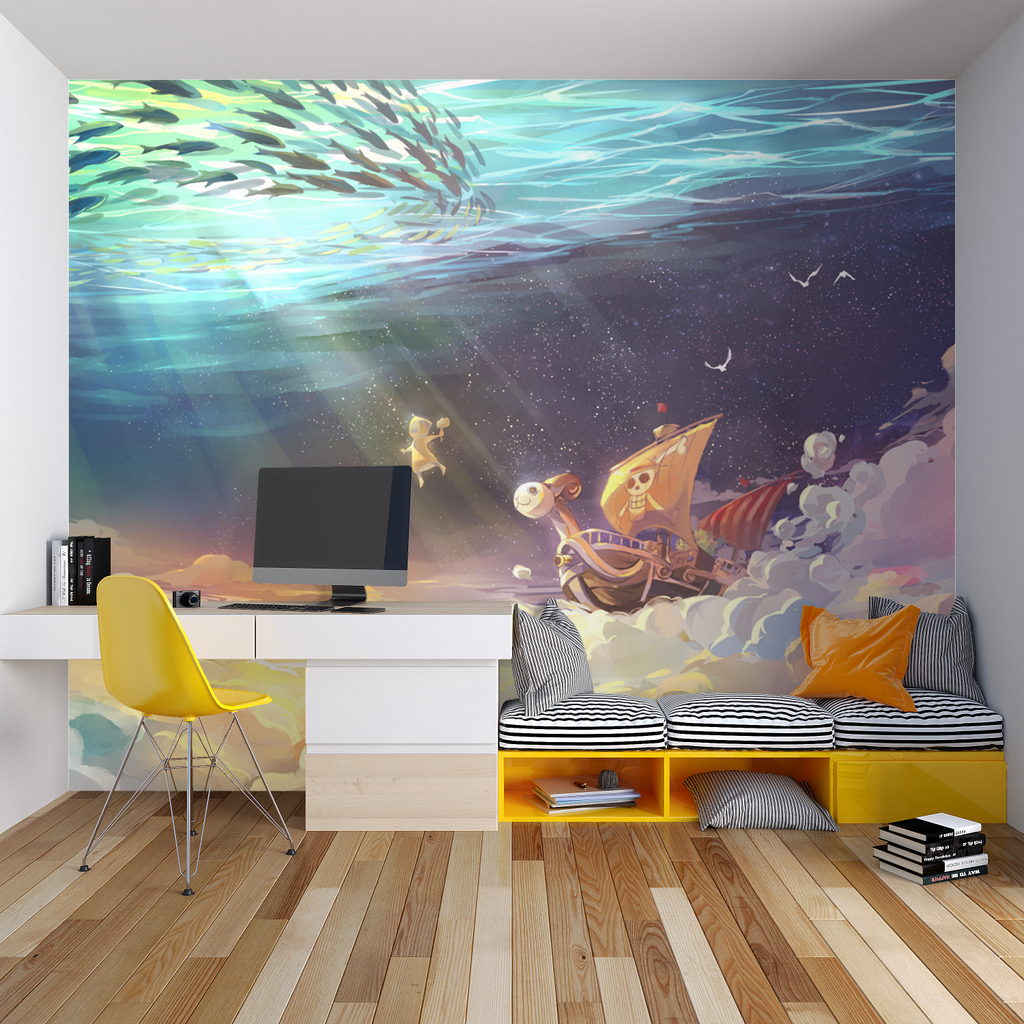 Home office space with fantasy ocean mural creating a calming atmosphere