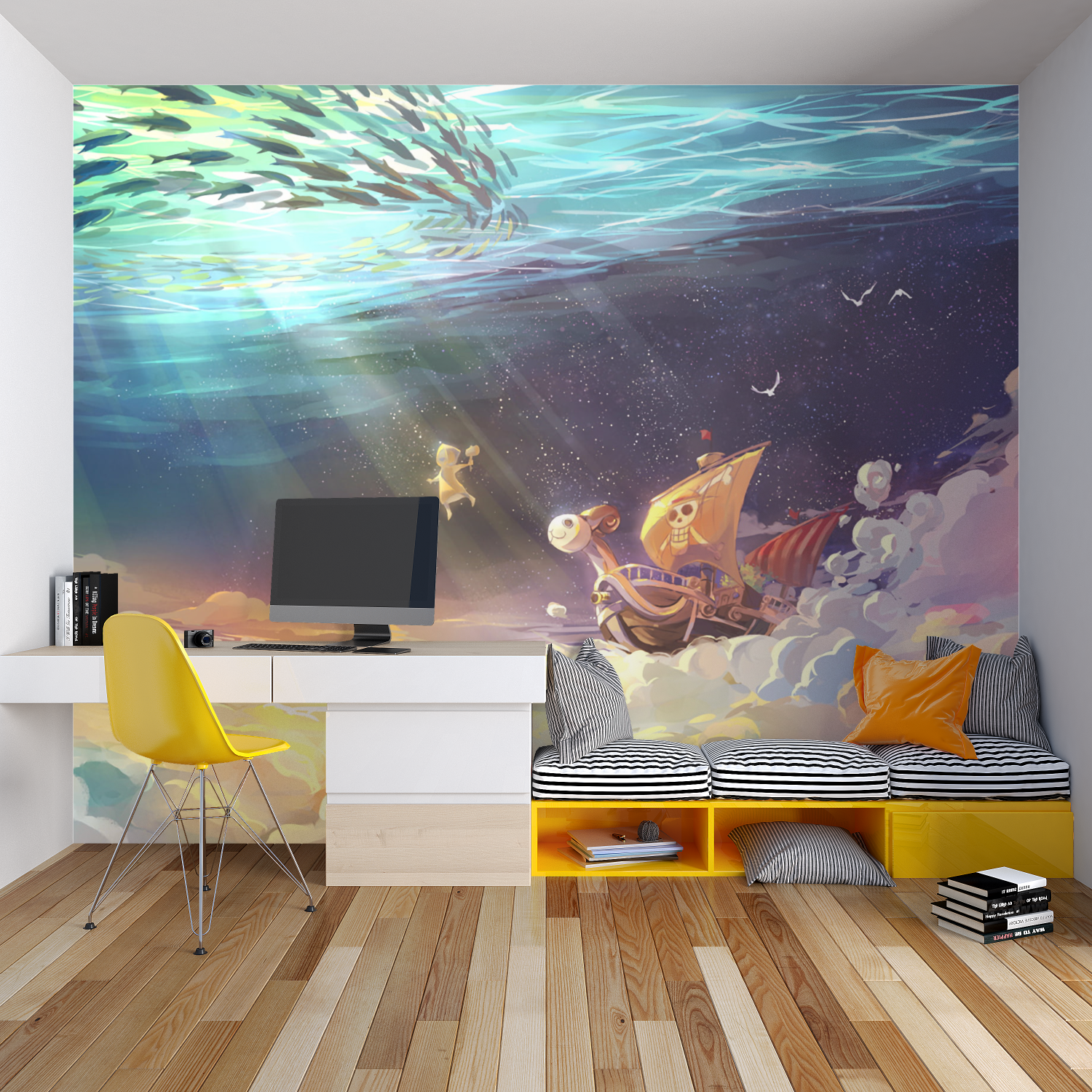 Home office space with fantasy ocean mural creating a calming atmosphere