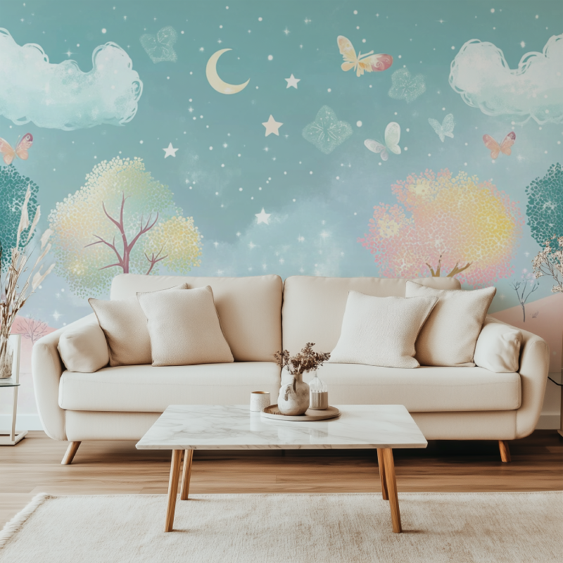 Fantasy Tree Wallpaper in cozy nursery with soft lighting highlighting butterflies and stars