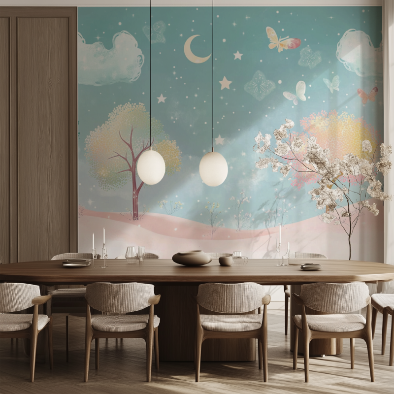 Night Sky Tree Wallpaper transforming modern bedroom with ethereal glow