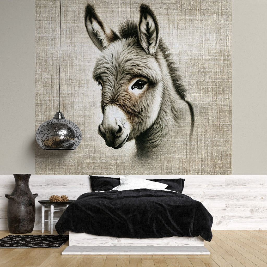 Farm animal wallpaper featuring donkey portrait styled in modern farmhouse living room with natural light