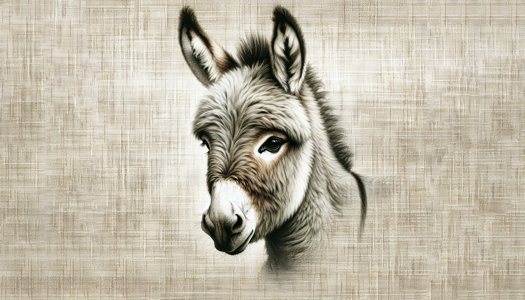 Donkey portrait wallpaper design file showing detailed fur texture and monochromatic tones