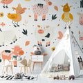 Farm animals wallpaper in a bright nursery with white furniture, showing playful pastel animals above the crib