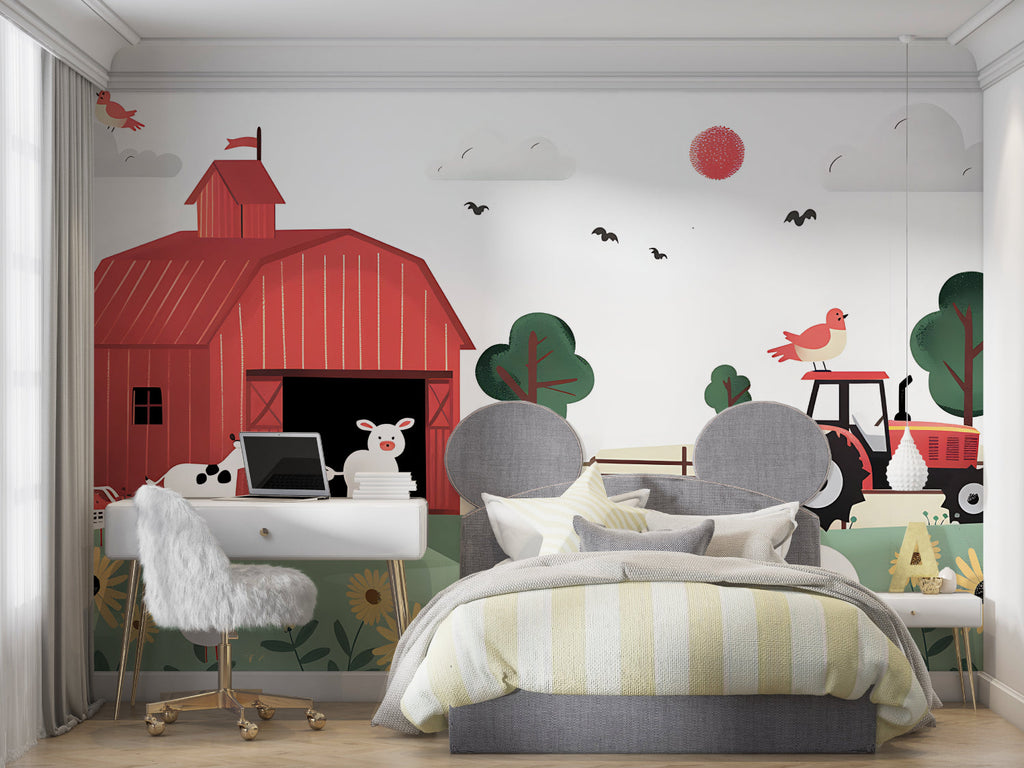 Nursery setting with farm animal wallpaper showing the red tractor detail