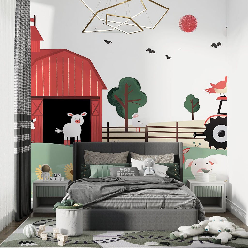 Farm mural wallpaper installed in a modern children's reading nook