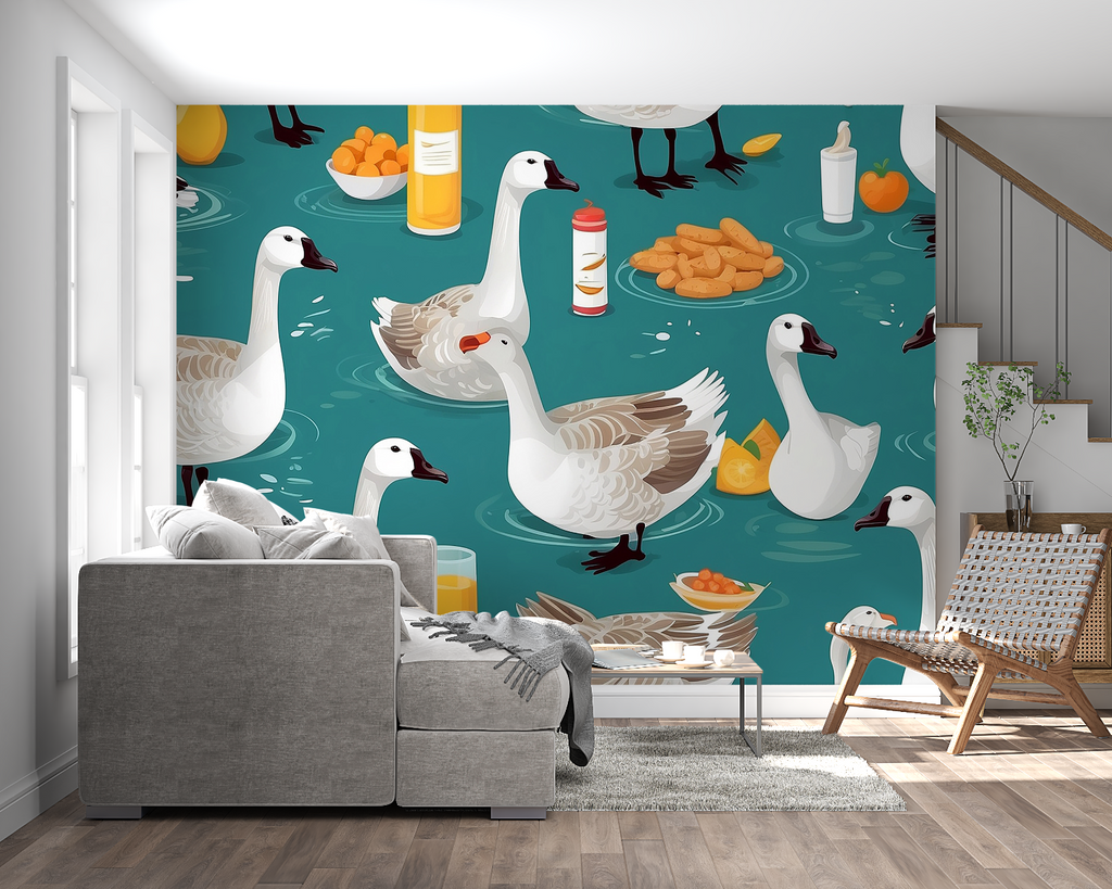Farm animal wallpaper with swimming geese in cozy kitchen setting