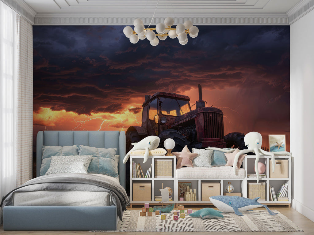 Tractor storm mural wallpaper transforming a rustic dining room with warm sunset glow