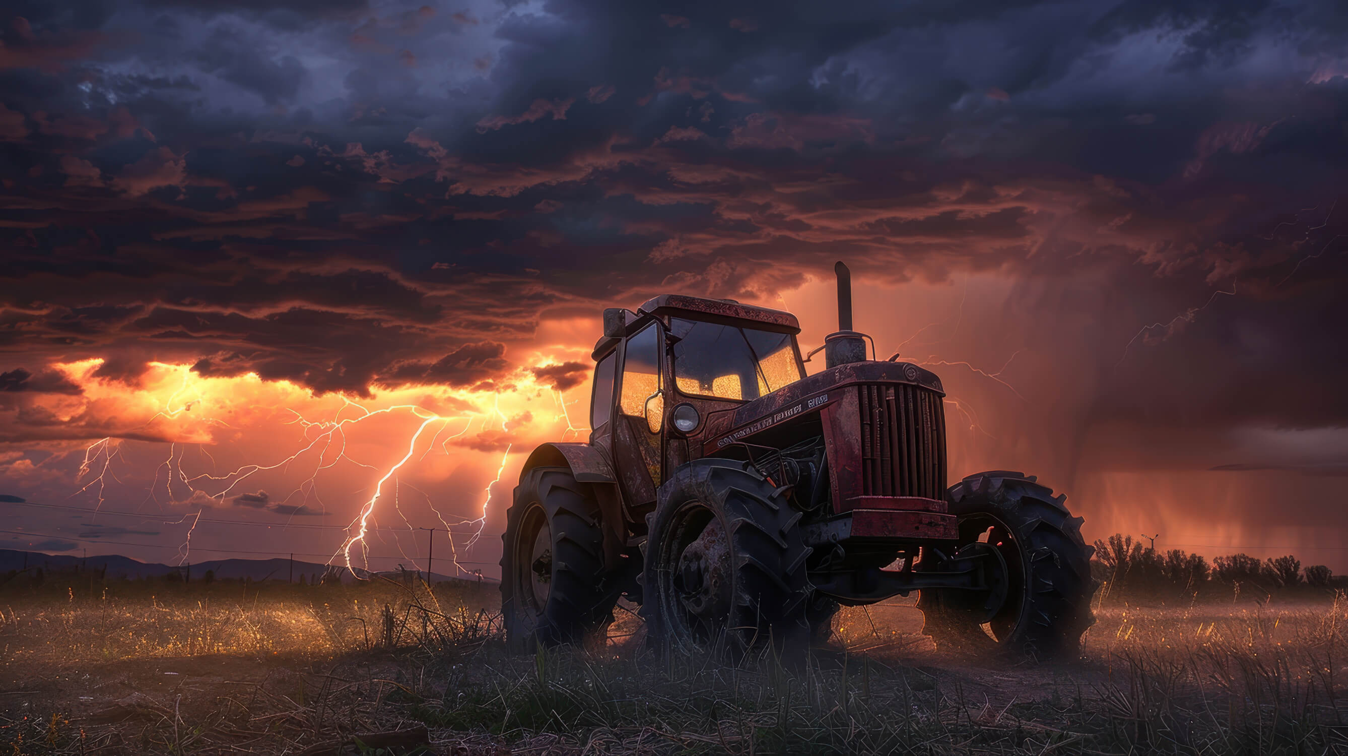 Farm tractor storm design file showing detailed sunset colors and lightning effects