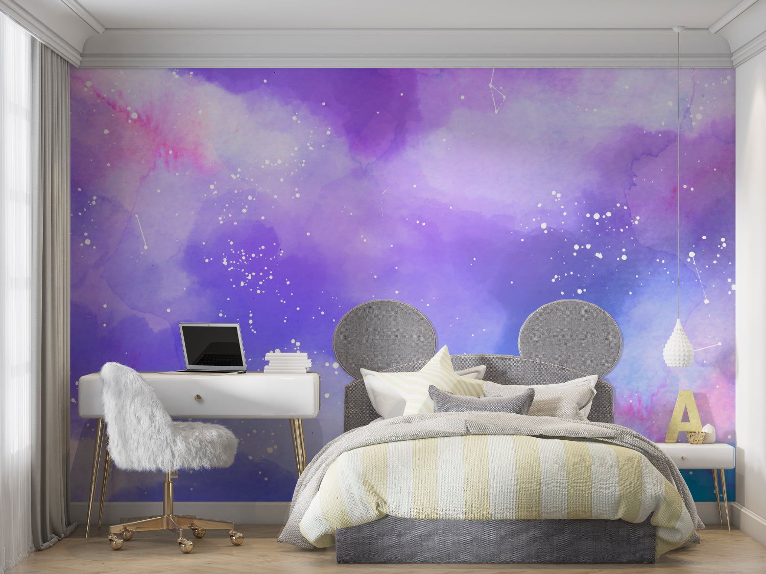 Couture dress wallpaper in boutique fitting room creating luxurious atmosphere