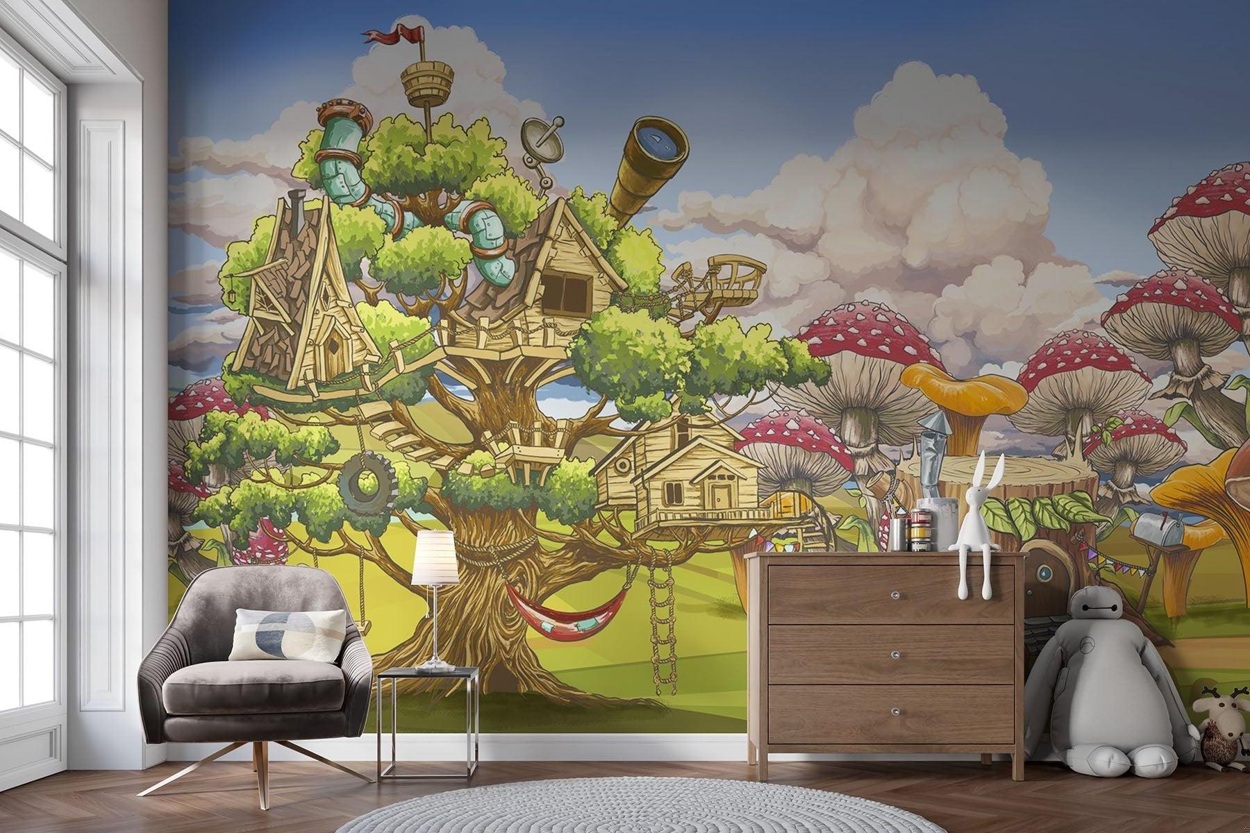 Fantasy Treehouse Mural Wallpaper | Magical Mushroom Forest Adventure