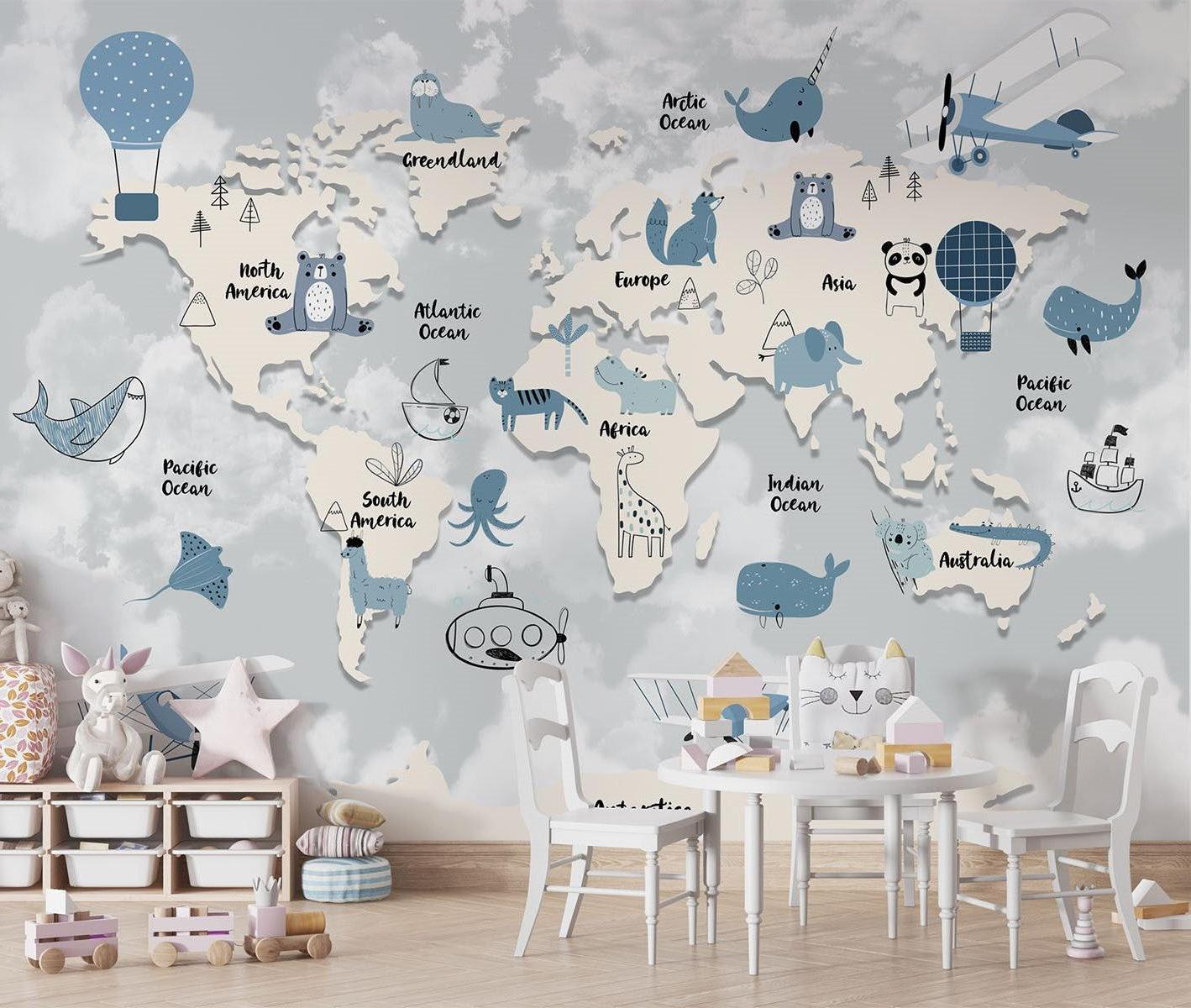 World Map Mural Wallpaper | Kids Adventure With Animals and Hot Air Balloons
