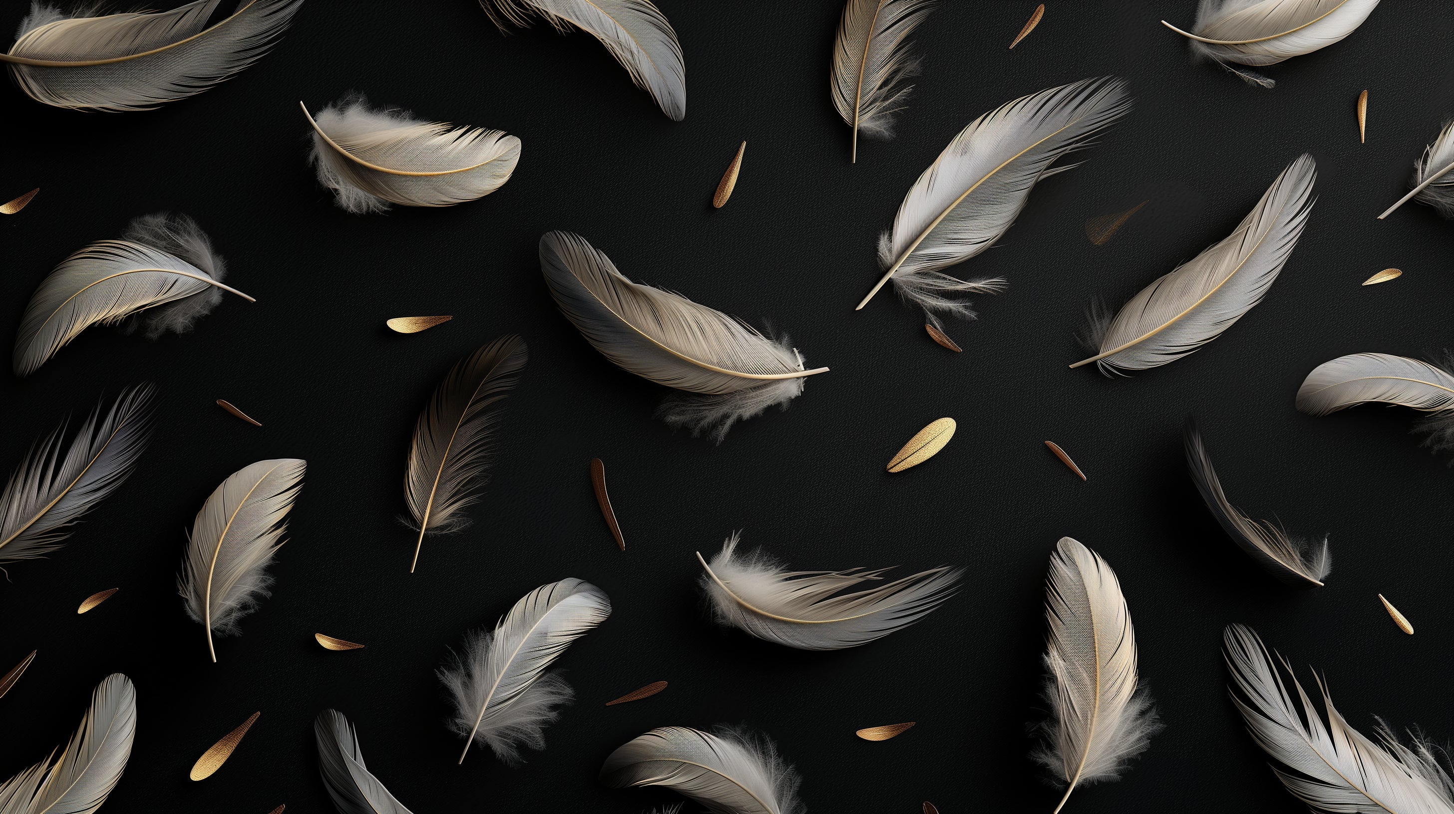 Black and gold feather pattern design file showing detailed floating plumes and metallic accents