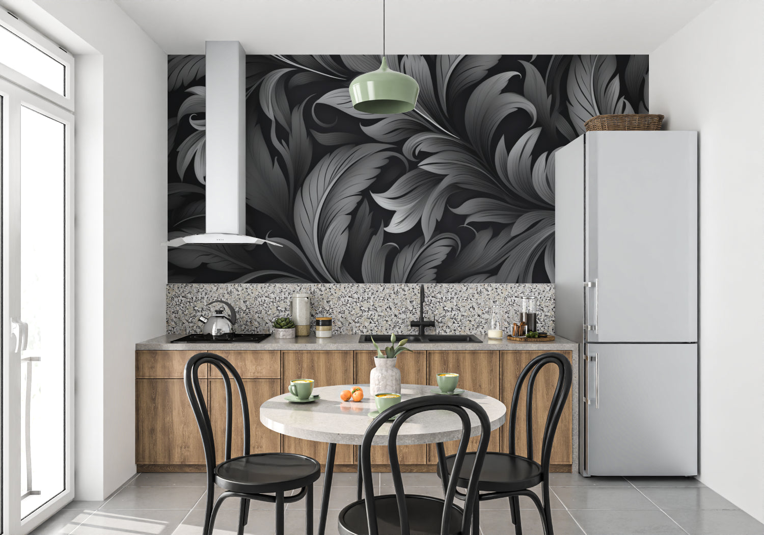 Black and grey feather wallpaper making statement in dining room with crystal chandelier