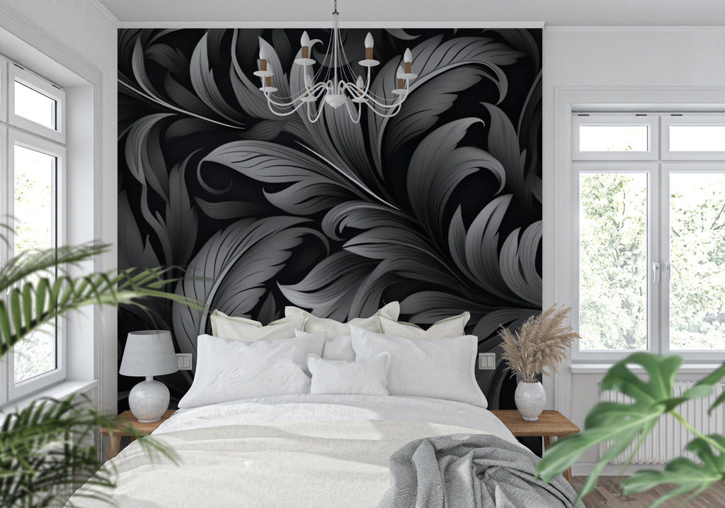 Art nouveau feather pattern enhancing boutique entrance with floor-to-ceiling installation