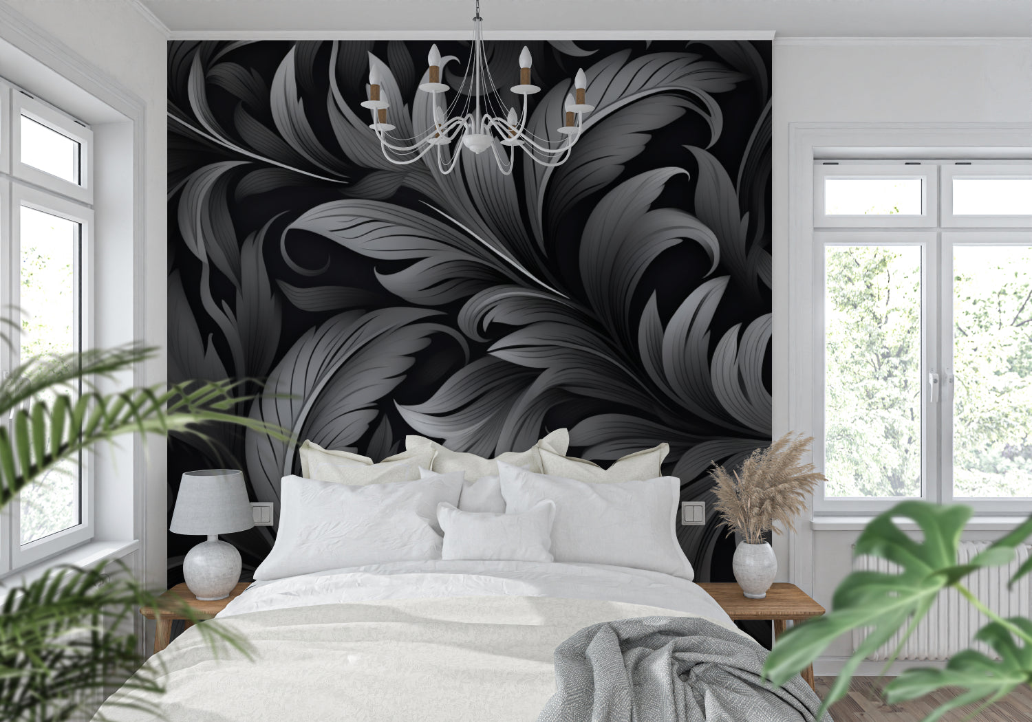 Art nouveau feather pattern enhancing boutique entrance with floor-to-ceiling installation